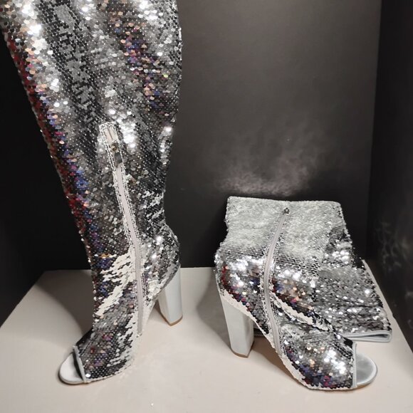KHPAERMEI Sexy Sparkly Size 8 Thigh High Boots Open Toe Chunky Heel - Picture 2 of 16